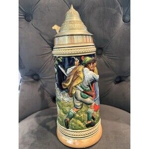 Vintage Thewalt German Beer Stein Pewter Lid Relief  Scene Marked Germany 12"